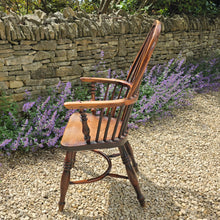 Load image into Gallery viewer, Good-quality-well-proportioned-high-back-windsor-armchair-Walker-Rockley-workshop-Nottinghamshire-yew-wood-saddled-elm-seat-shaped central-splat-pierced-decoration-arm-bow-turned-supports-elm-seat-crinoline-stretcher-good-colour-excellent-condition-impressed-makers-mark-for-sale-damon-blandford-antiques-cotswolds-stow-on-the-wold-country-regional-furniture
