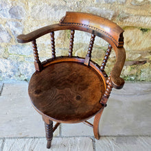 Load image into Gallery viewer, 19th-century-bow-back-armchair-attributed-architect-designer-Edward-William-Godwin-elm-bobbin-turned-supports-well-figured-single-plank-circular-saddled-seat-slab-out-swept-legs-turned-cross-stretchers-centrallyleg-Ruskinian-Gothic-Northampton-Guildhall-excellent-colour-condition-desk-chaie-english-circa-1870-for-sale-damon-blandford-antiques-cotswolds-stow-on-the-wold
