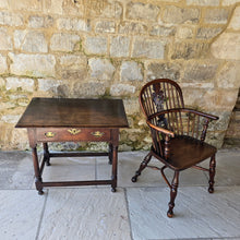 Load image into Gallery viewer, early-george-II-oak-side-table-exceptionally-good-colour-condition-overhung- top-ogee-moulding above-full-width-frieze-drawer-brass-handles-escutcheon-plate-well-turned-gun-barrel-legs-ring-turned-details-feet-outward-edged-stretches-english-circa-1730-for-sale-damon-blandford-antiques-stow-on-the-wold-cotswolds
