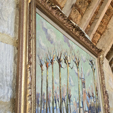 Load image into Gallery viewer, Oil-painting-on-canvas-continental-street-scene-snow-lime-trees-church-Norman-Lloyd-born-Hamilton-New-South-Wales-Australia-Sydney-School-of-Art-Europe-London-Royal Institute-of-Oil-Painters-impressionist-street-scene-Bruges-demonstrates-exceptionally-good-use-of-light-and-colour-signed-gilt-frame-antique-fine-wall-art-antiques-for-sale-damon-blandford-antiques-stow-on-the-wold-cotswolds
