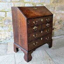 Load image into Gallery viewer, virginia-black-walnut-wonderful-small-proportions-magnificent-bureau-well-figured-fall-front-fitted-interior-drawers-pigeon-holes-storage-well-escutcheons-swan-neck-handles-bracket-feet-excellent-condition-north-america-navel-stores-act-1721-english-circa-1720s-1730s-1740s-1750s-for-sale-damon-blandford-antiques-stow-on-the-wold-cotswolds
