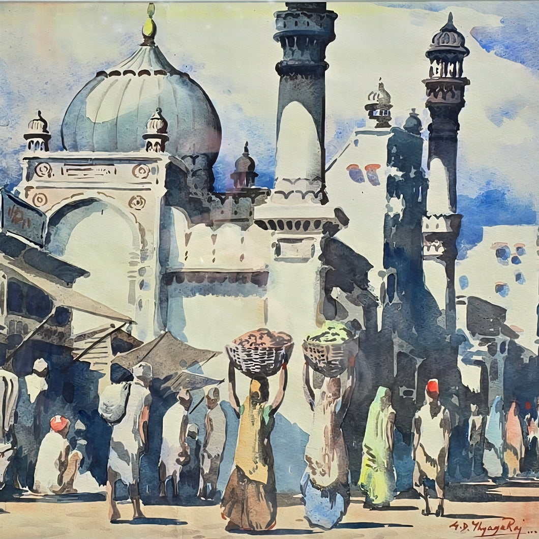 Indian Street Scene Watercolour Painting by G.D. Thyaga Raj (1930-1981)