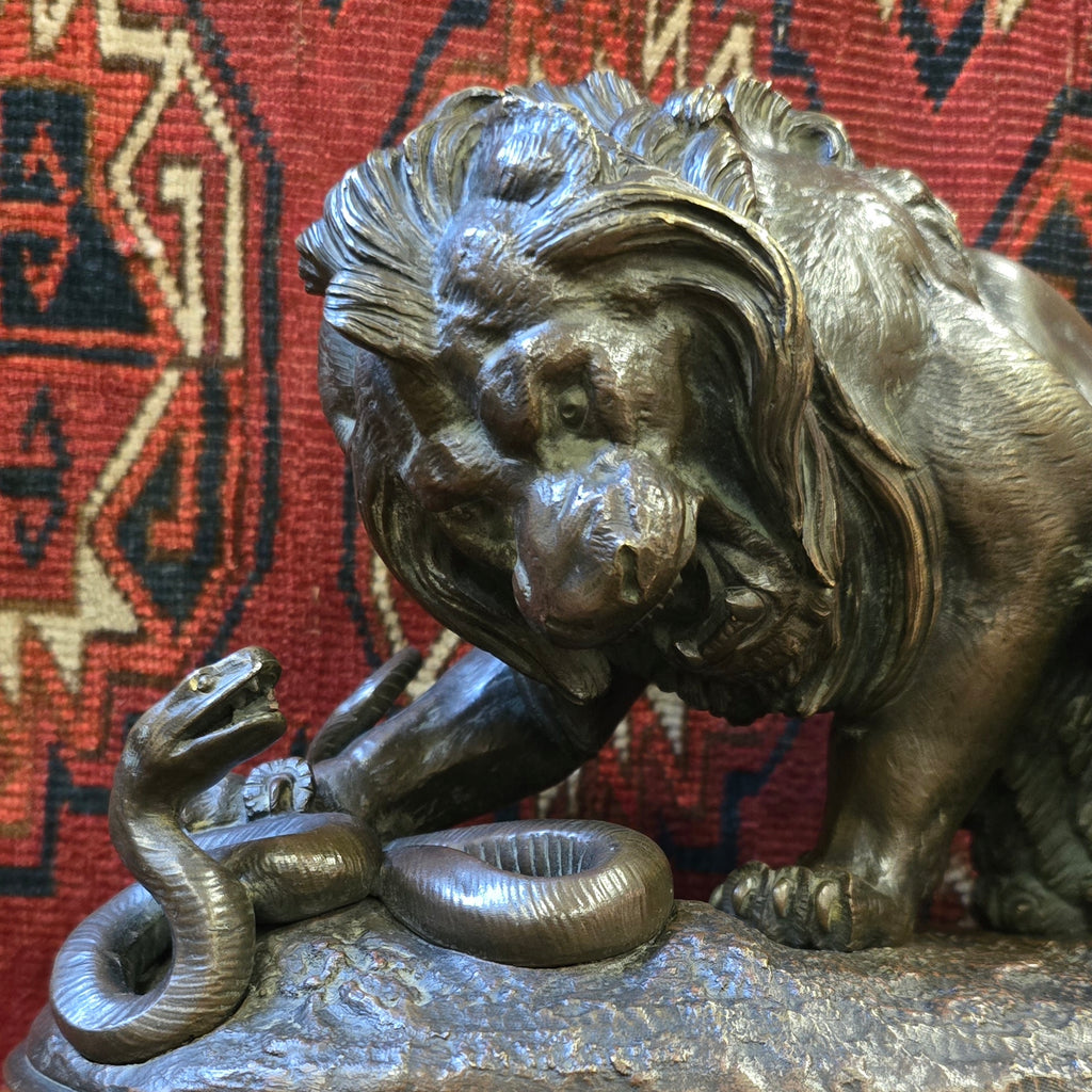 Fine-late-19th-century-patinated-bronze-lion-serpent-after-antoine-louis-barye-1796-1875-original-plaster-model-1832-museum-of-fine-arts-of-lyon-original-bronze-cast-1835-louvre-museum-paris-lion-confronting-crushing-serpent-metaphor-king-louis-philippe's-power-order-excellent-condition-for-sale-damon-blandford-antiques-cotswolds-stow-on-the-wold