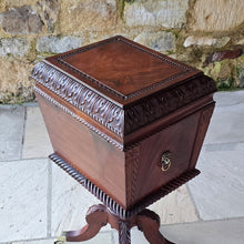 Load image into Gallery viewer, Good-quality-early-19th-century-Irish-cellarette-sarcophagus-form-pedestal-base-carved-acanthus-leaves-gadrooned-rope-twist-mouldings-brass-lion-mask-ring-carry-handles-oval-escutcheon-plate-original-lock-key-quadra-form-base-reeded-sabre-legs-hipped-carved-foliate-decoration-terminating-brass-box-toe-castors-furniture-excellent-colour-condition-patena-for-sale-damon-blandford-antiques-stow-on-the-wold-stroud-cotswolds-antique-drinks-bottles-storage
