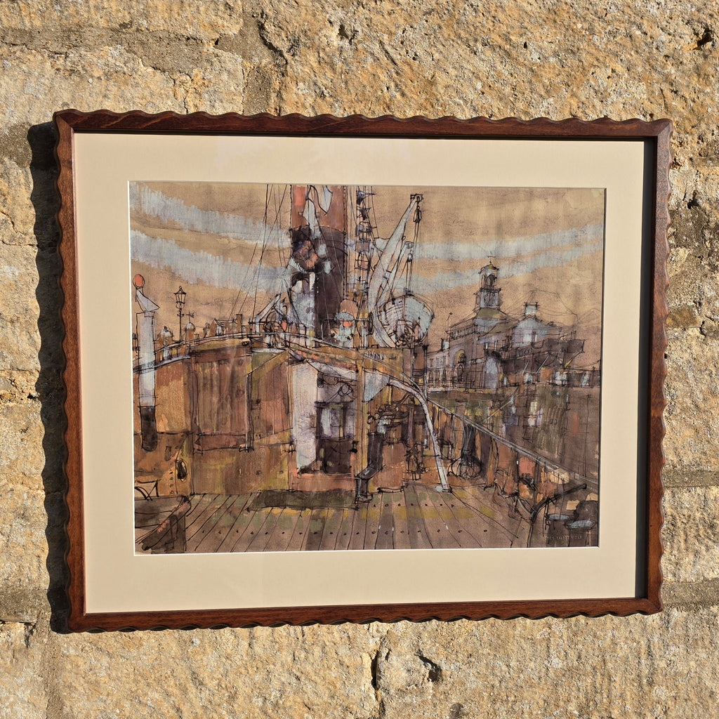 detailed-painting-steam-tug-servia-moored-maritime-museum-ramsgate-artist-John-Talbot-Hicks-impressed-newly-mounted-bespoke-made-hardwood-frame-circa-1970-for-sale-damon-blandford-antiques-stroud-stow-on-the-wold-cotswolds-wall-art