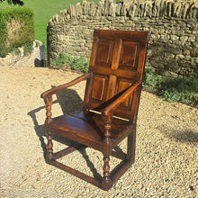 Load image into Gallery viewer, chair-seat-seating-late-17th-century-panel-back-open-armchair-fielded-panels-down-swept-arms-turned-supports-boarded-seat-baluster-turned-front-legs-rectangular-section-stretchers-attractive-structurally-solid-chair-generous-proportions-gentle-rake-back-rest-comfortable-for-sale-damon-blandford-antiques-stow-on-the-wold
