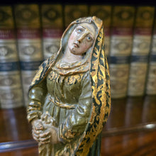 Load image into Gallery viewer, finely-carved-well-decorated-18th-century-Italian-polychrome-figure-our-lady-carved-limewood-detail-hands-feet-face-nicely-decorated-parcel-gilt-glass-eyes-excellent-condition-for-sale-damon-blandford-antiques-stow-on-the-wold-cotswolds
