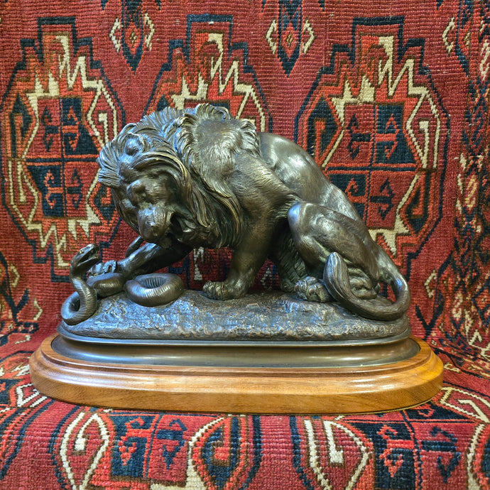 Fine-late-19th-century-patinated-bronze-lion-serpent-after-antoine-louis-barye-1796-1875-original-plaster-model-1832-museum-of-fine-arts-of-lyon-original-bronze-cast-1835-louvre-museum-paris-lion-confronting-crushing-serpent-metaphor-king-louis-philippe's-power-order-excellent-condition-for-sale-damon-blandford-antiques-cotswolds-stow-on-the-wold