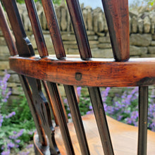 Load image into Gallery viewer, Good-quality-well-proportioned-high-back-windsor-armchair-Walker-Rockley-workshop-Nottinghamshire-yew-wood-saddled-elm-seat-shaped central-splat-pierced-decoration-arm-bow-turned-supports-elm-seat-crinoline-stretcher-good-colour-excellent-condition-impressed-makers-mark-for-sale-damon-blandford-antiques-cotswolds-stow-on-the-wold-country-regional-furniture
