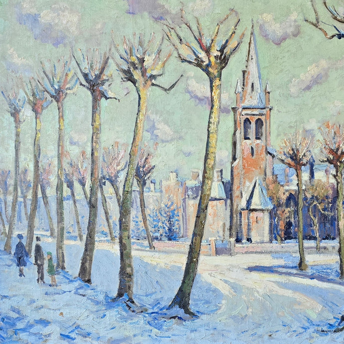 Oil-painting-on-canvas-continental-street-scene-snow-lime-trees-church-Norman-Lloyd-born-Hamilton-New-South-Wales-Australia-Sydney-School-of-Art-Europe-London-Royal Institute-of-Oil-Painters-impressionist-street-scene-Bruges-demonstrates-exceptionally-good-use-of-light-and-colour-signed-gilt-frame-antique-fine-wall-art-antiques-for-sale-damon-blandford-antiques-stow-on-the-wold-cotswolds