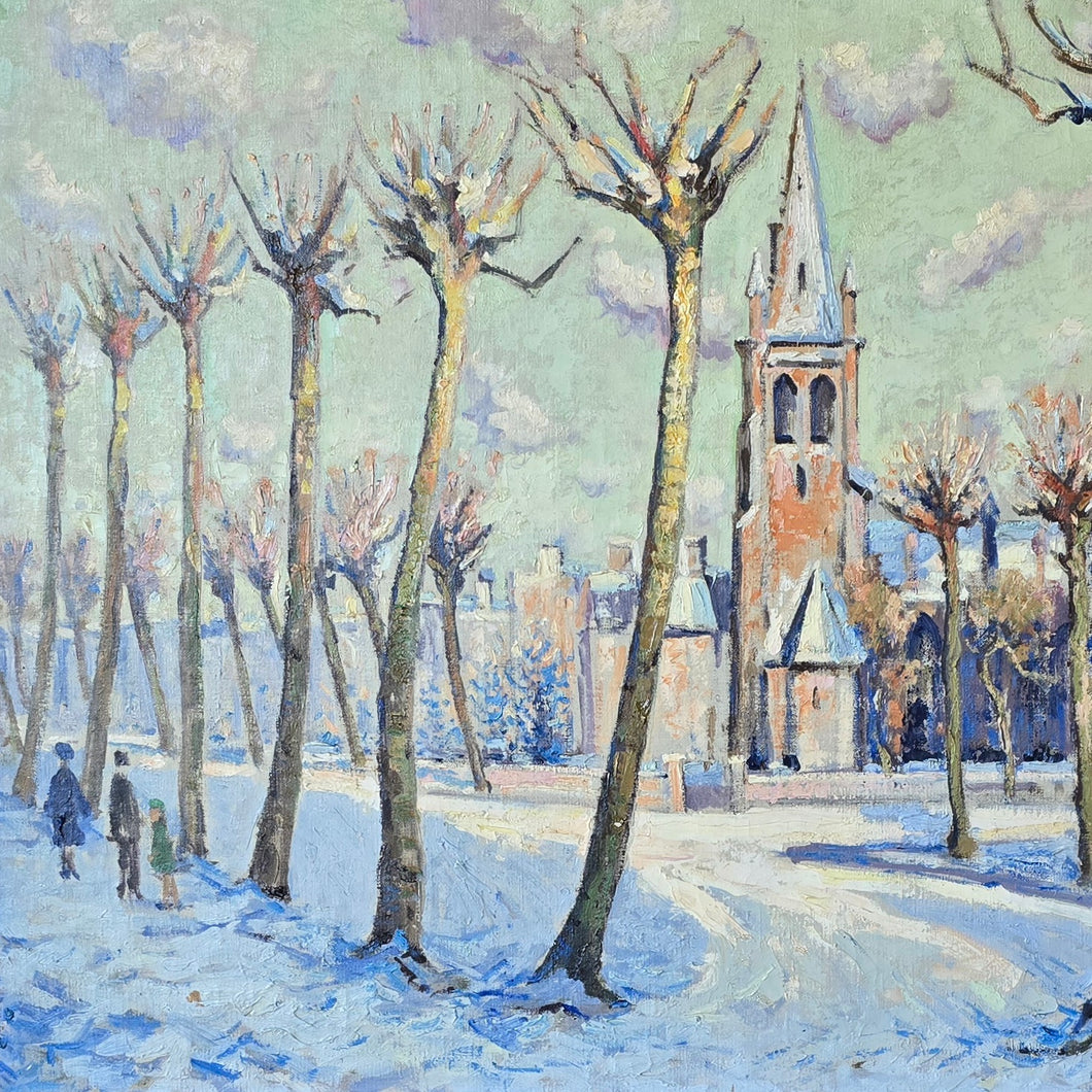 Oil-painting-on-canvas-continental-street-scene-snow-lime-trees-church-Norman-Lloyd-born-Hamilton-New-South-Wales-Australia-Sydney-School-of-Art-Europe-London-Royal Institute-of-Oil-Painters-impressionist-street-scene-Bruges-demonstrates-exceptionally-good-use-of-light-and-colour-signed-gilt-frame-antique-fine-wall-art-antiques-for-sale-damon-blandford-antiques-stow-on-the-wold-cotswolds