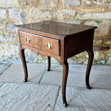 Load image into Gallery viewer, wonderful-shape-early-Georgian-oak-low-boy-top-with-moulded-edge-full-width-drawer-overlapping-ovolo-moulding-shaped-frieze-slim-tapered-cabriole-legs-elegant-useful-side-lamp-table-good-condition-provenance-vernacular-early-oak-country-for-sale-damon-blandford-antiques-stow-on-the-wold-gloucestershire
