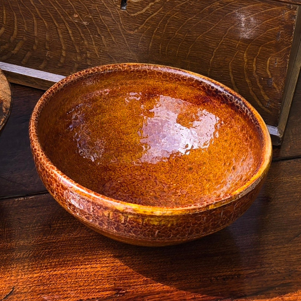 great-colour-studio-pottery-bowl-peter-dick-coxwold-pottery-north-yorkshire-20th-century-attractive-bowl-vibrant-treacle-colour-glaze-textured-surface-variations-in-colour-excellent-condition-impressed-mark-to-foot-for-sale-damon-blandford-antiques-cotswolds