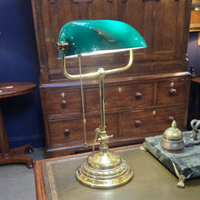 Load image into Gallery viewer, Good-quality-early-20th-century-bankers-desk-lamp-constructed-brass-weighted-base-green-white-opaline-glass-shade-pull-switch-excellent-condition-cleaned-re-wired-for-sale-damon-blandford-antiques-stow-on-the-wold-lighting

