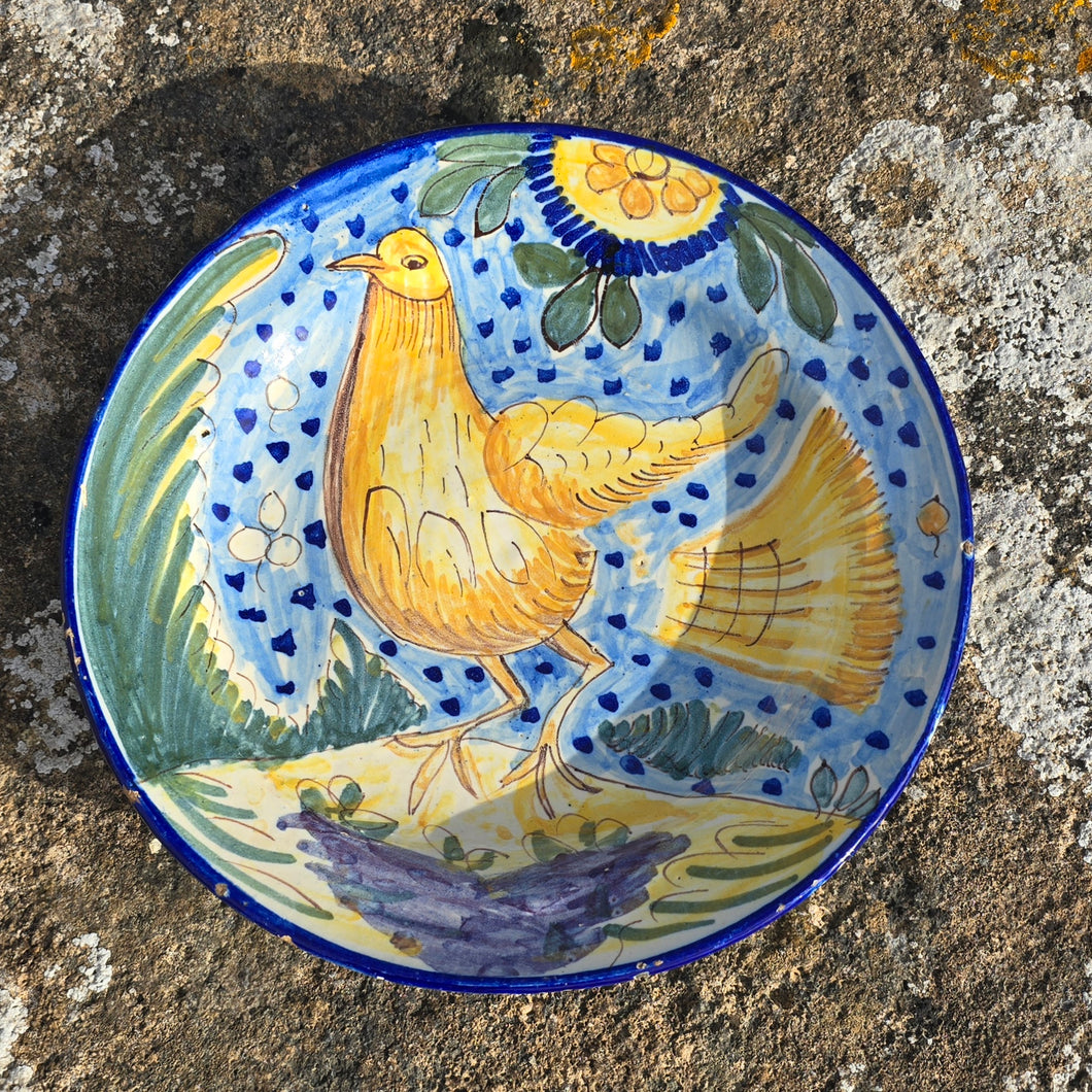 Nicely-decorated-late-19th-century-polychrome-plate-province-of-valencia-spain-hand-painted-decoration-features-dove-signed-initials-S.A.-verso-Manises-baroque-good-original-condition-for-sale-damon-blandford-antiques-stow-on-the-wold
