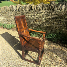 Load image into Gallery viewer, chair-seat-seating-late-17th-century-panel-back-open-armchair-fielded-panels-down-swept-arms-turned-supports-boarded-seat-baluster-turned-front-legs-rectangular-section-stretchers-attractive-structurally-solid-chair-generous-proportions-gentle-rake-back-rest-comfortable-for-sale-damon-blandford-antiques-stow-on-the-wold

