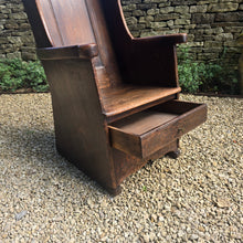 Load image into Gallery viewer, good-example-vernacular-lambing-chair-painted-pine-boarded-paneled-back-shaped-crest-rail-side-wings-generous-shaped-arm-supports-boarded-seat-drawer-under-seat-storage-shepherds-lambing-raked-back-rests-comfortable-side-wings-lancashire-circa-1800-late-C18th-earlyC19th-century-for-sale-damon-blandford-antiques-stow-on-the-wold-cotswolds
