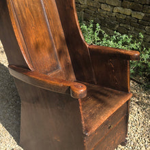 Load image into Gallery viewer, good-example-vernacular-lambing-chair-painted-pine-boarded-paneled-back-shaped-crest-rail-side-wings-generous-shaped-arm-supports-boarded-seat-drawer-under-seat-storage-shepherds-lambing-raked-back-rests-comfortable-side-wings-lancashire-circa-1800-late-C18th-earlyC19th-century-for-sale-damon-blandford-antiques-stow-on-the-wold-cotswolds
