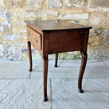 Load image into Gallery viewer, wonderful-shape-early-Georgian-oak-low-boy-top-with-moulded-edge-full-width-drawer-overlapping-ovolo-moulding-shaped-frieze-slim-tapered-cabriole-legs-elegant-useful-side-lamp-table-good-condition-provenance-vernacular-early-oak-country-for-sale-damon-blandford-antiques-stow-on-the-wold-gloucestershire
