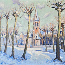 Load image into Gallery viewer, Oil-painting-on-canvas-continental-street-scene-snow-lime-trees-church-Norman-Lloyd-born-Hamilton-New-South-Wales-Australia-Sydney-School-of-Art-Europe-London-Royal Institute-of-Oil-Painters-impressionist-street-scene-Bruges-demonstrates-exceptionally-good-use-of-light-and-colour-signed-gilt-frame-antique-fine-wall-art-antiques-for-sale-damon-blandford-antiques-stow-on-the-wold-cotswolds
