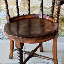 Load image into Gallery viewer, 19th-century-bow-back-armchair-attributed-architect-designer-Edward-William-Godwin-elm-bobbin-turned-supports-well-figured-single-plank-circular-saddled-seat-slab-out-swept-legs-turned-cross-stretchers-centrallyleg-Ruskinian-Gothic-Northampton-Guildhall-excellent-colour-condition-desk-chaie-english-circa-1870-for-sale-damon-blandford-antiques-cotswolds-stow-on-the-wold
