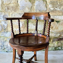 Load image into Gallery viewer, 19th-century-bow-back-armchair-attributed-architect-designer-Edward-William-Godwin-elm-bobbin-turned-supports-well-figured-single-plank-circular-saddled-seat-slab-out-swept-legs-turned-cross-stretchers-centrallyleg-Ruskinian-Gothic-Northampton-Guildhall-excellent-colour-condition-desk-chaie-english-circa-1870-for-sale-damon-blandford-antiques-cotswolds-stow-on-the-wold

