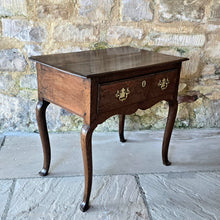 Load image into Gallery viewer, wonderful-shape-early-Georgian-oak-low-boy-top-with-moulded-edge-full-width-drawer-overlapping-ovolo-moulding-shaped-frieze-slim-tapered-cabriole-legs-elegant-useful-side-lamp-table-good-condition-provenance-vernacular-early-oak-country-for-sale-damon-blandford-antiques-stow-on-the-wold-gloucestershire

