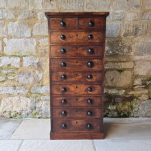 Load image into Gallery viewer, good-provincial-walnut-veneer-chest-two-short-eight-long-graduated-drawers-original-turned-wooden-drawer-pulls-brass-locks-escutcheons-plinth-base-excellent-colour-wonderful-patina-English-circa-1800-storage-for-sale-damon-blandford-antiques-stow-on-the-wold-cotswolds-antique-furniture
