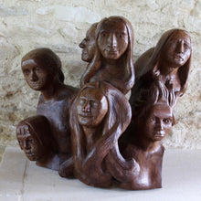 Load image into Gallery viewer, sculpture- wood-wooden-carving-yew-tony-basil-castlehill-filleigh-devon-female-bust-heads-stone-mason
