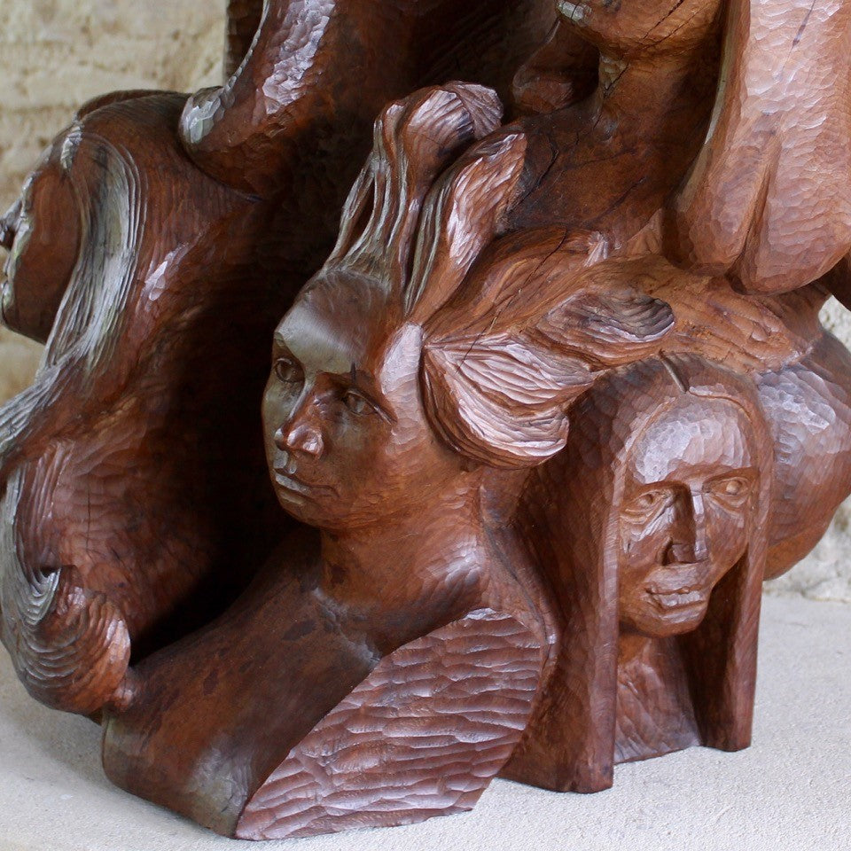 sculpture- wood-wooden-carving-yew-tony-basil-castlehill-filleigh-devon-female-bust-heads-stone-mason-gloucestershire