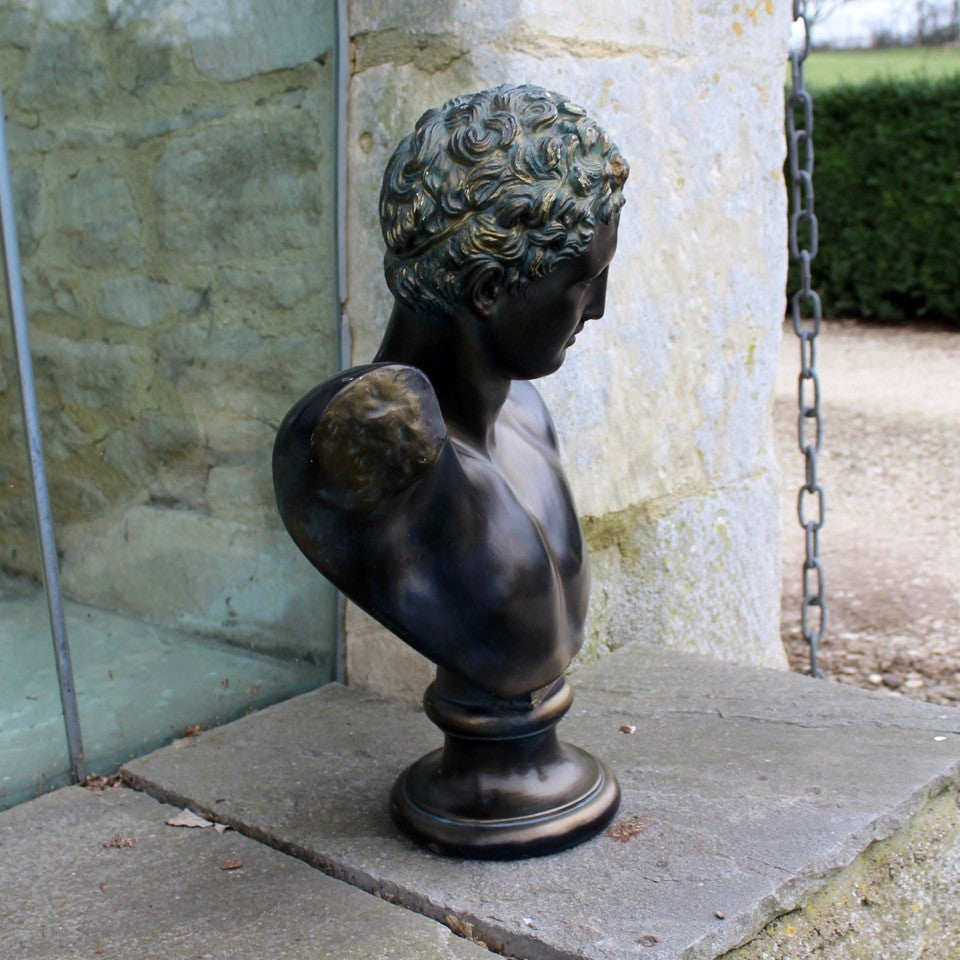 hermes-greek-god-neo-classical-plaster-bust-faux-bronze-french-20th-century-fertility-gloucestershire-chains-cotswold-stone-glass-interior-design