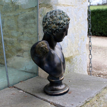 Load image into Gallery viewer, hermes-greek-god-neo-classical-plaster-bust-faux-bronze-french-20th-century-fertility-gloucestershire-chains-cotswold-stone-glass-interior-design

