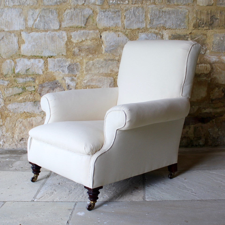 Victorian-seating-easy-arm-chair-rolled-arms-sprung-seat-upholstered-calico-turned-forelegs-brass-caps-brown-ceramics-castors-hampton-&-sons-damon-blandford-antiques-seating-lounge-chair-upholstery-for-sale-gloucestershire-cotswolds-quality-style-country-house-interiors
