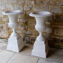 Load image into Gallery viewer, urn-urns-pair-french-medici-plinth-painted-white-cast-iron-vintage-gargen-planter-large-gloucestershire
