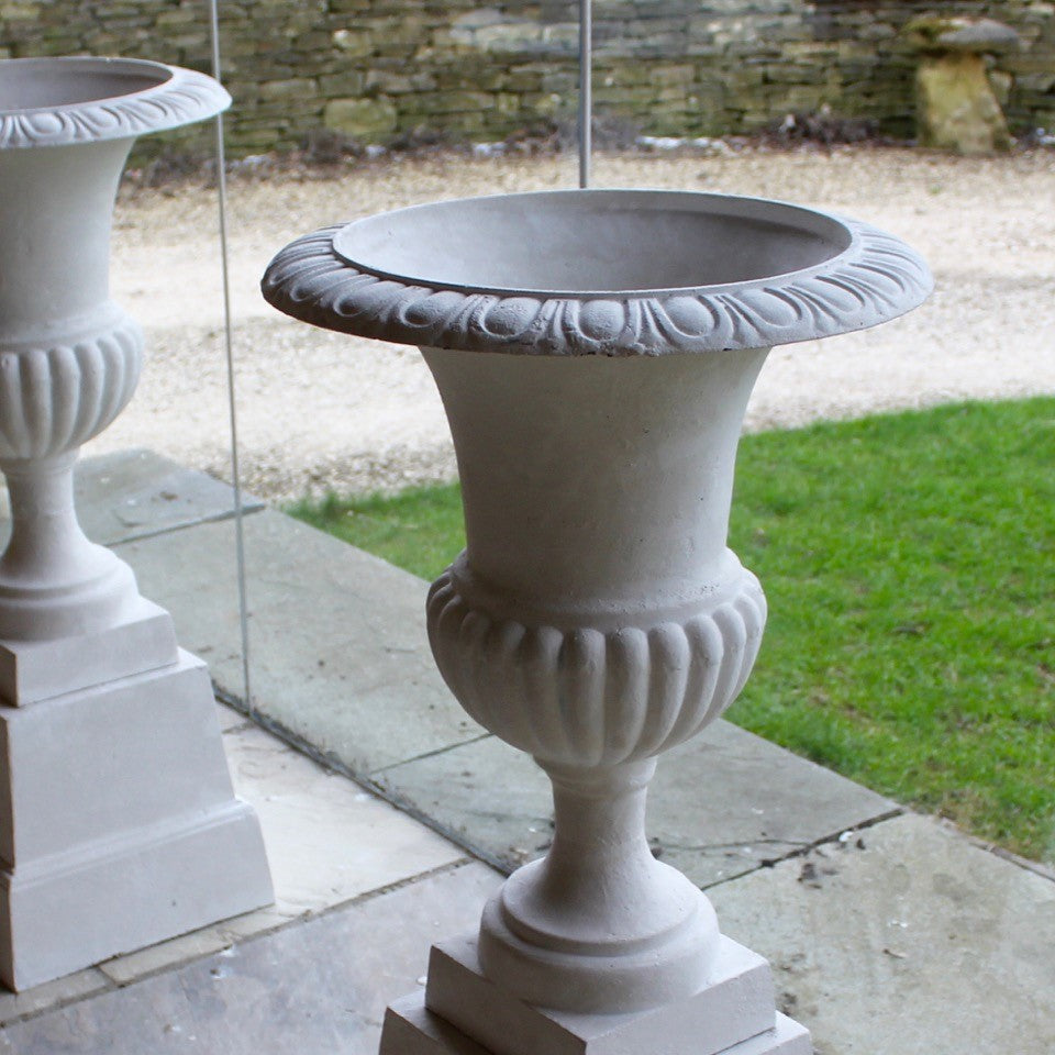 urn-urns-pair-french-medici-plinth-painted-white-cast-iron-vintage-gargen-planter-large-for-sale