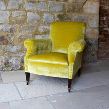 Load image into Gallery viewer, armchair-seat-upholstered-yellow-velvet-chair-1920&#39;s-square-tapered-legs-brass-castors-seating-forsale-gloucestershire-antique-vintage-country-house-style-button
