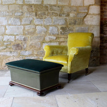 Load image into Gallery viewer, armchair-seat-upholstered-yellow-velvet-chair-1920&#39;s-square-tapered-legs-brass-castors-seating-forsale-gloucestershire-antique-vintage-country-house-style-button-ottoman
