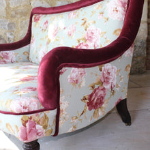 Load image into Gallery viewer, two-small-seater-upholstered-sofa-settee-turned-rosewood-legs-square-swept-concave-brass-cators-stamped-holland-&amp;-sons-damon-blandford-antiques-chair-seating-for-sale-gloucestershire-chintz-floral-velvet-burgundy-roses-quality-fine-london-maker-lips-salvador-dali
