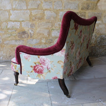 Load image into Gallery viewer, two-small-seater-upholstered-sofa-settee-turned-rosewood-legs-square-swept-concave-brass-cators-stamped-holland-&amp;-sons-damon-blandford-antiques-chair-seating-for-sale-gloucestershire-chintz-floral-velvet-burgundy-roses-quality-fine-london-maker
