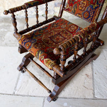 Load image into Gallery viewer, decorative-english-platform-sprung-rocking-chair-frame-turned-stained-beech-carpet-covered-backrest-seat-armrest-bohemian-american-style-damon-blandford-antiques-vintage-for-sale-gloucestershire-cotswolds-stroud-arts-craft-seating-interior-design-ring-turned-rocker
