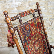 Load image into Gallery viewer, decorative-english-platform-sprung-rocking-chair-frame-turned-stained-beech-carpet-covered-backrest-seat-armrest-bohemian-american-style-damon-blandford-antiques-vintage-for-sale-gloucestershire-cotswolds-stroud-arts-craft-seating-interior-design
