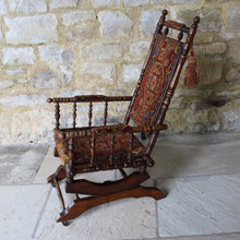Load image into Gallery viewer, decorative-english-platform-sprung-rocking-chair-frame-turned-stained-beech-carpet-covered-backrest-seat-armrest-bohemian-american-style-damon-blandford-antiques-vintage-for-sale-gloucestershire-cotswolds-stroud-arts-craft-seating-interior-design-barn-cotswold-stone-seating-chair-quality

