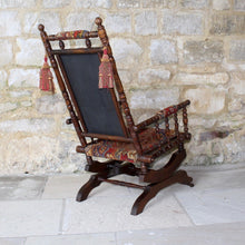 Load image into Gallery viewer, decorative-english-platform-sprung-rocking-chair-frame-turned-stained-beech-carpet-covered-backrest-seat-armrest-bohemian-american-style-damon-blandford-antiques-vintage-for-sale-gloucestershire-cotswolds-stroud-arts-craft-seating-interior-design-back-seating-chair
