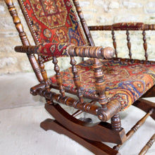 Load image into Gallery viewer, decorative-english-platform-sprung-rocking-chair-frame-turned-stained-beech-carpet-covered-backrest-seat-armrest-bohemian-american-style-damon-blandford-antiques-vintage-for-sale-gloucestershire-cotswolds-stroud-arts-craft-seating-interior-design-seating-rocker
