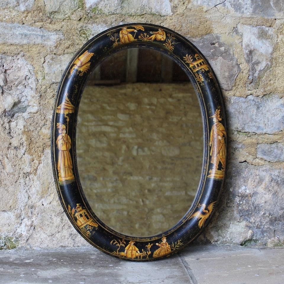 mirror-oval-chinoiserie-black-lacquered-decorated-mirror-plate-1930's-damon-blandford-antiques-gloucestershire-cotswolds-stroud-for-sale-oriental-wall-art-mirror-oriental-figures-buildings-birds-scenes