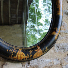 Load image into Gallery viewer, mirror-oval-chinoiserie-black-lacquered-decorated-mirror-plate-1930&#39;s-damon-blandford-antiques-gloucestershire-cotswolds-stroud-for-sale-oriental-wall-art-mirror-oriental-figures-buildings-birds-scenes-decorative-vintage
