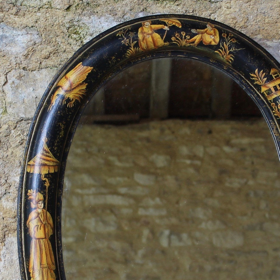 mirror-oval-chinoiserie-black-lacquered-decorated-mirror-plate-1930's-damon-blandford-antiques-gloucestershire-cotswolds-stroud-for-sale-oriental-wall-art-mirror-oriental-figures-buildings-birds-scenes-parasol