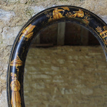 Load image into Gallery viewer, mirror-oval-chinoiserie-black-lacquered-decorated-mirror-plate-1930&#39;s-damon-blandford-antiques-gloucestershire-cotswolds-stroud-for-sale-oriental-wall-art-mirror-oriental-figures-buildings-birds-scenes-parasol
