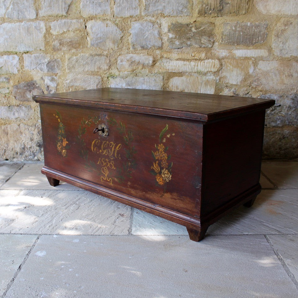European painted pine marriage chest