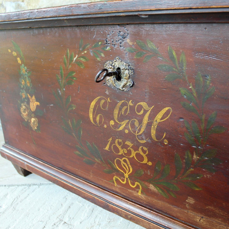 European painted pine marriage chest